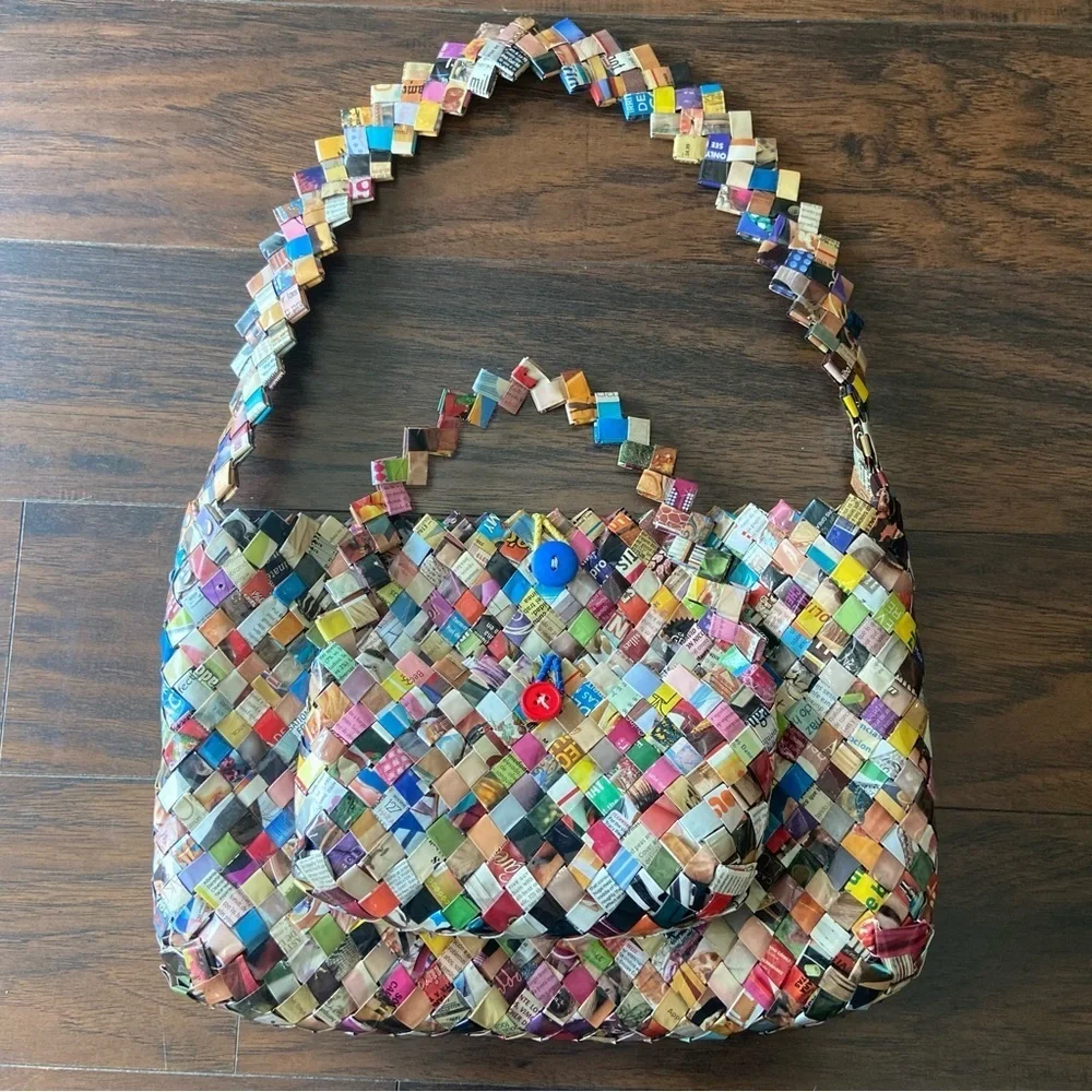 Two Recycled Colorful Woven Wrapper Bags- One Big & One Small Handbag - Picture 14 of 16